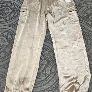Cream Track Pants with Elastic Waistband and Tapered Legs